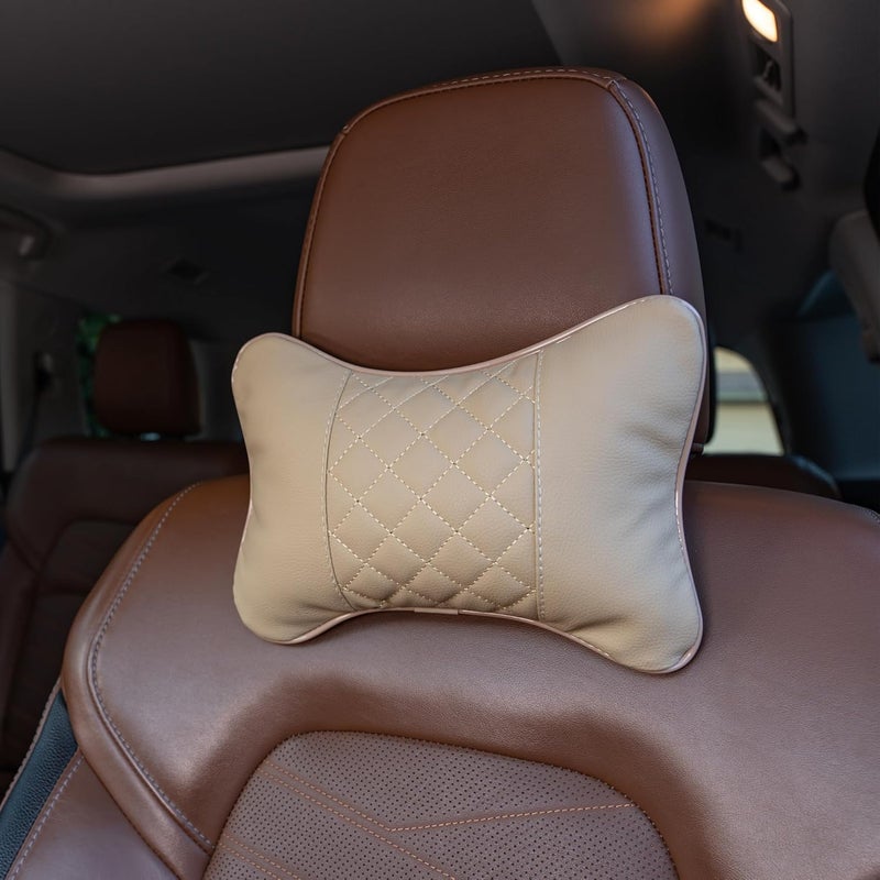 Synterior Set of 2 Quilted Faux Leather Car Headrest Pillow, Black Case/Black Threading, Ergonomic Neck Support for Comfortable Driving (Tan Base/Beige Thread) - Image 1